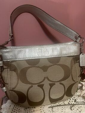 Coach vintage Signature Canvas Zoe  Bag with Metallic Trim in Brown and Silver
